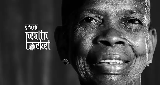 Healthcare campaign visual showing an elderly woman representing vitamin D awareness through natural sunlight exposure messaging